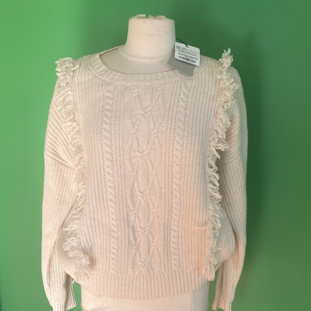 NWT MARELLA Cream Cable Knit Fringe Crewneck Sweater